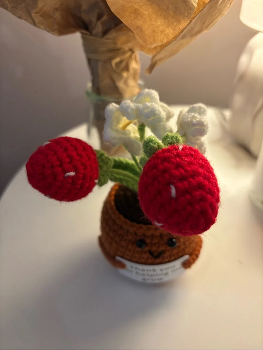 Handmade Crocheted Potted Plant Plush - Strawberries and Flowers